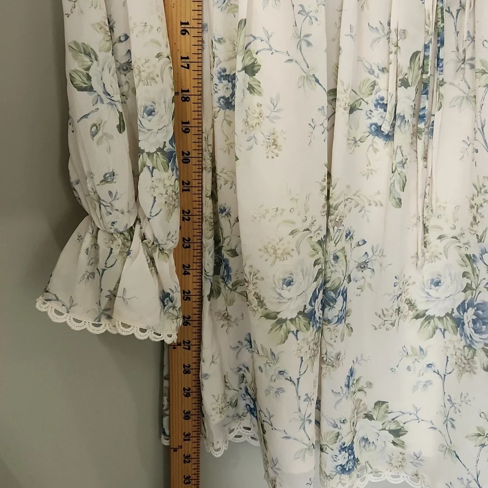 Altar'd State Fern Floral Mini Dress Ivory Blue Babydoll Puff Sleeve Cottagecore - Picture 9 of 14